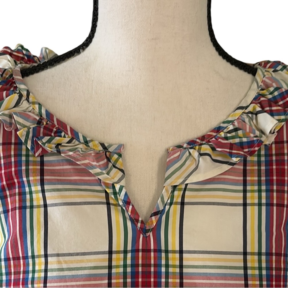 Talbots Tartan Plaid Top with Ruffle Neckline & Flutter 3/4 Sleeves Size Medium - Picture 3 of 11